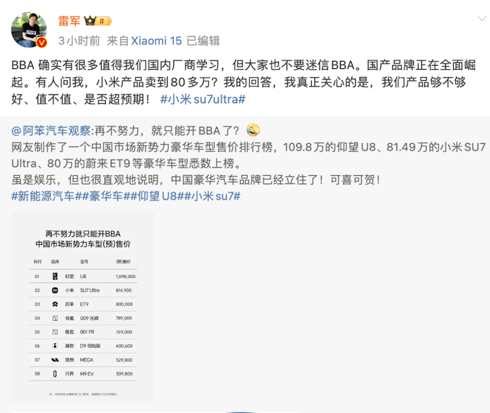 小米汽车卖到80多万<strong></p>
<p>vrc客户端软件下载</strong>，网友称再不努力只能开BBA！雷军：不要迷信BBA