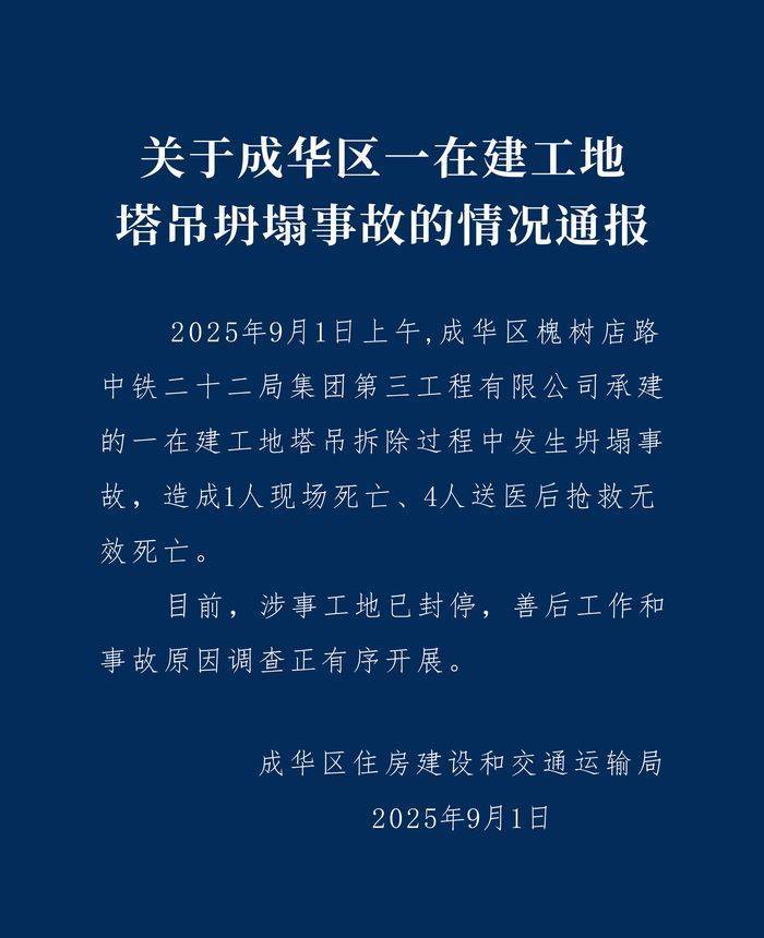 成都成华区：中铁二十二局一在建工地塔吊坍塌致5人遇难<strong></p>
<p>icu</strong>，涉事工地已封停